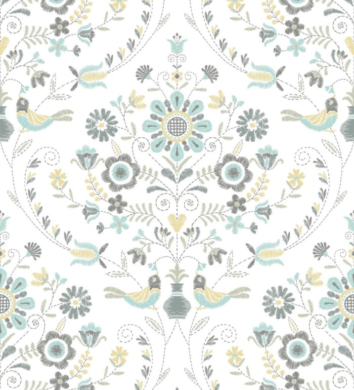 Papel pintado de pájaros y flores tonos pasteles amarillos y celestes - Lilith 682047