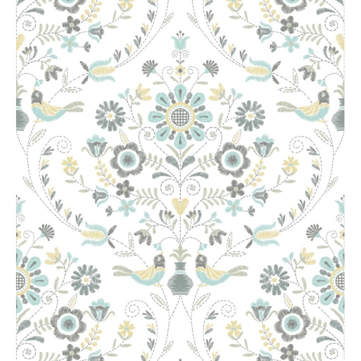 Papel pintado de pájaros y flores tonos pasteles amarillos y celestes - Lilith 682047