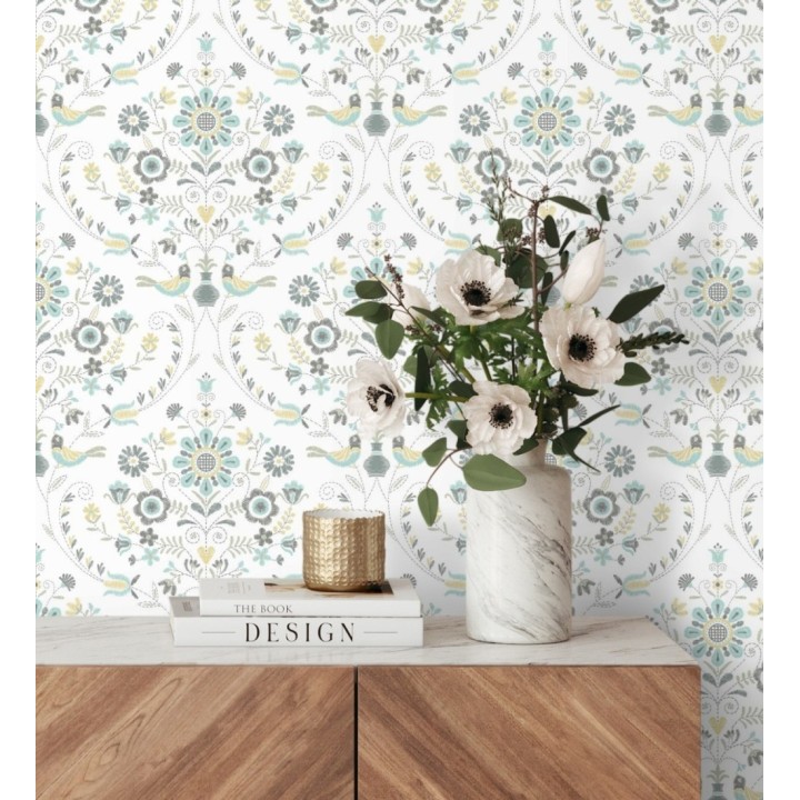 Papel pintado de pájaros y flores tonos pasteles amarillos y celestes - Lilith 682047