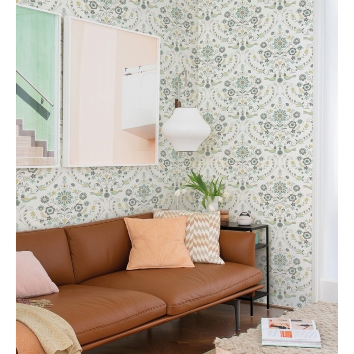 Papel pintado de pájaros y flores tonos pasteles amarillos y celestes - Lilith 682047