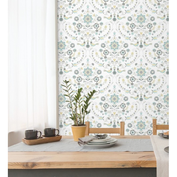 Papel pintado de pájaros y flores tonos pasteles amarillos y celestes - Lilith 682047