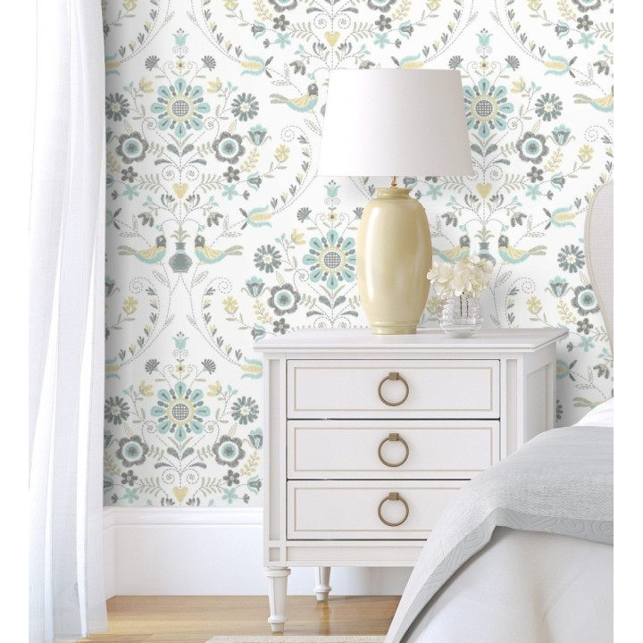 Papel pintado de pájaros y flores tonos pasteles amarillos y celestes - Lilith 682047