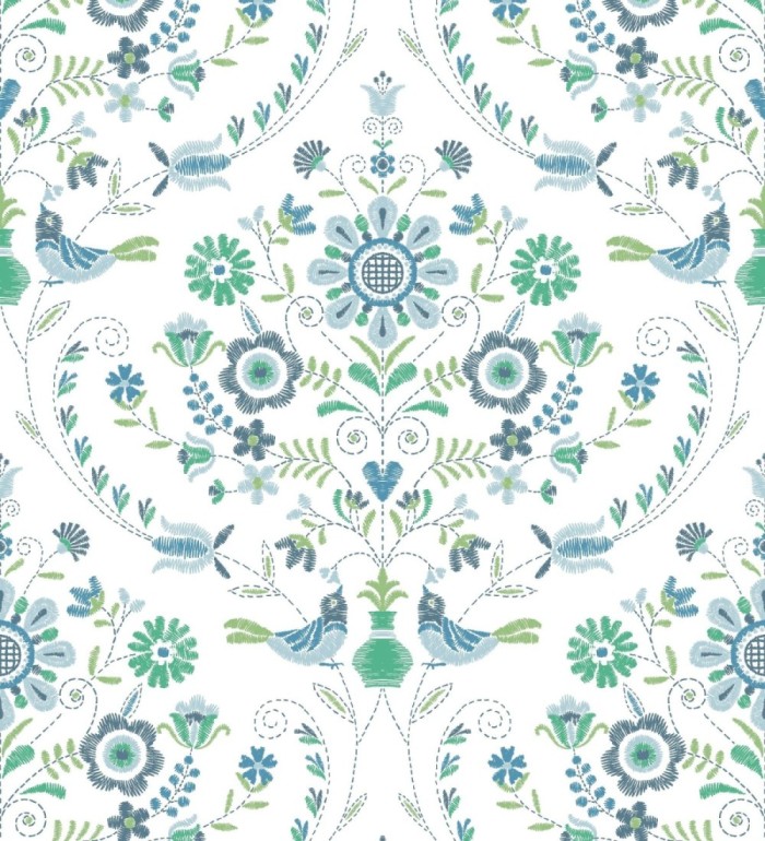 Papel pintado de pájaros y flores tonos verdes y azules - Lilith 682048