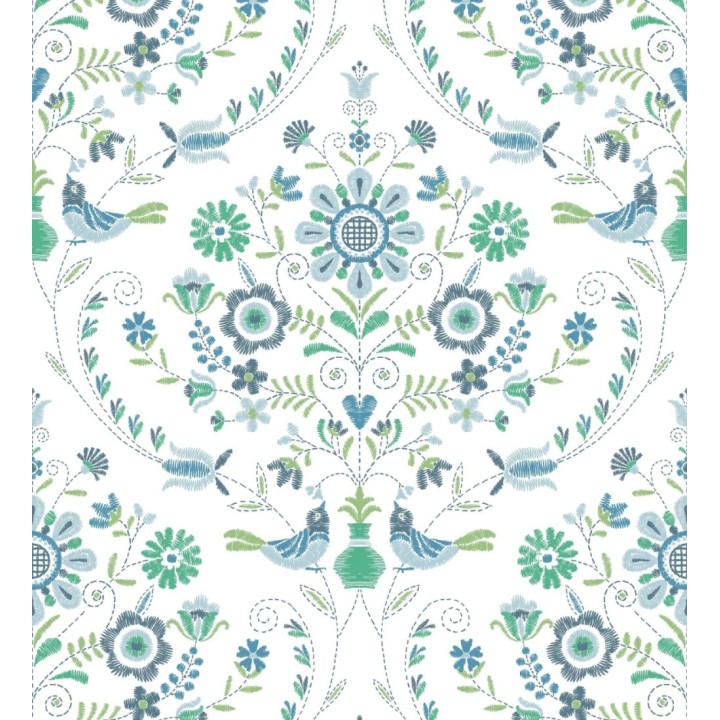 Papel pintado de pájaros y flores tonos verdes y azules - Lilith 682048