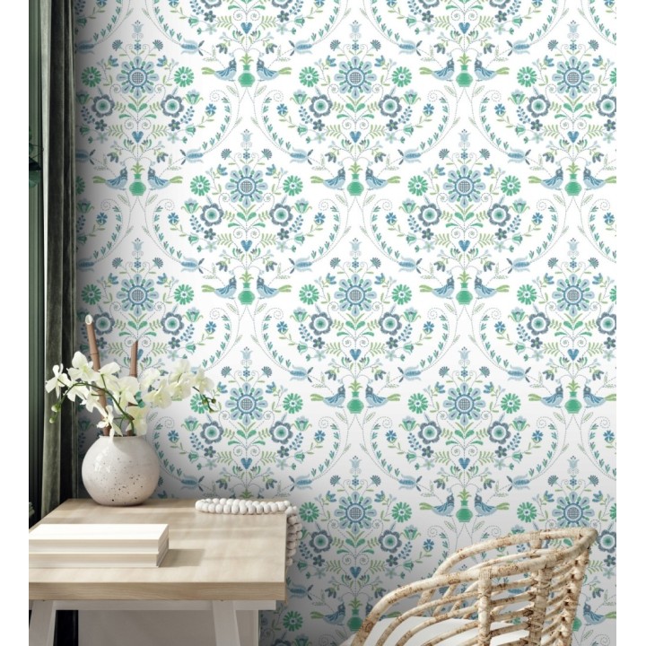Papel pintado de pájaros y flores tonos verdes y azules - Lilith 682048