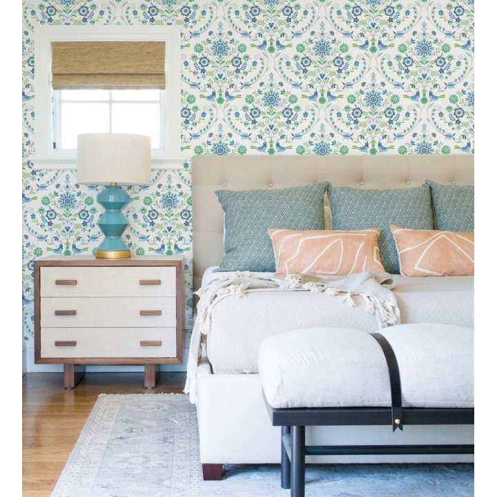 Papel pintado de pájaros y flores tonos verdes y azules - Lilith 682048