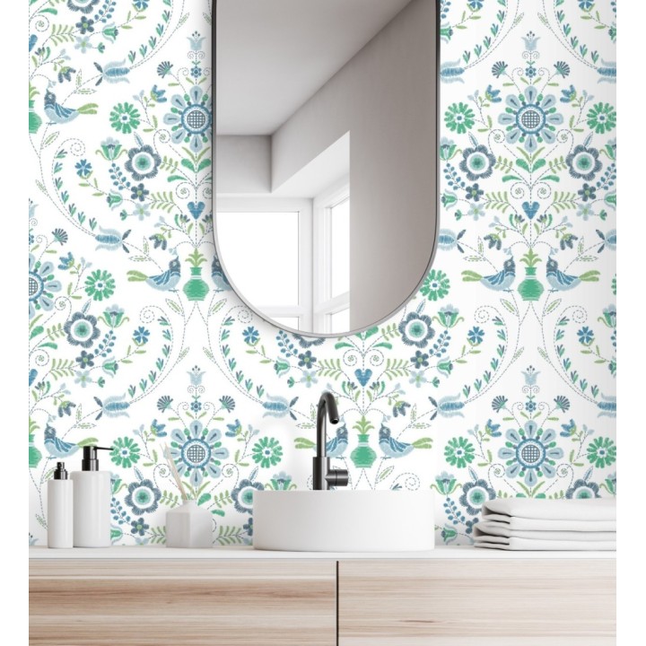 Papel pintado de pájaros y flores tonos verdes y azules - Lilith 682048