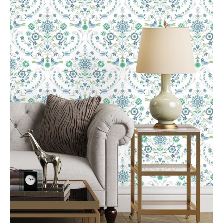 Papel pintado de pájaros y flores tonos verdes y azules - Lilith 682048