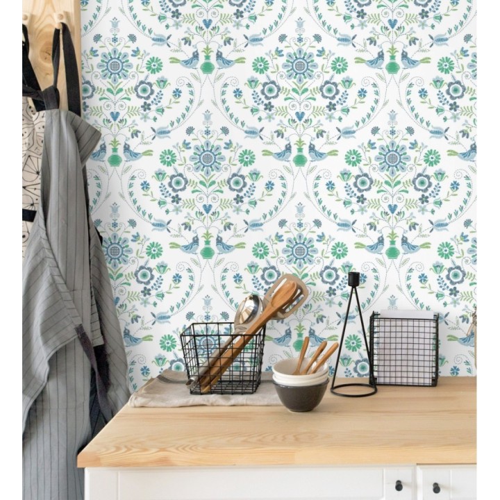 Papel pintado de pájaros y flores tonos verdes y azules - Lilith 682048