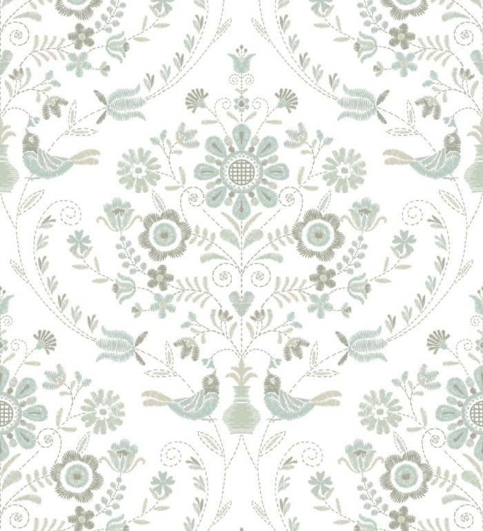 Papel pintado de pájaros y flores tonos pasteles verde agua - Lilith 682050
