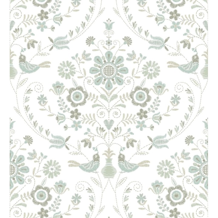 Papel pintado de pájaros y flores tonos pasteles verde agua - Lilith 682050