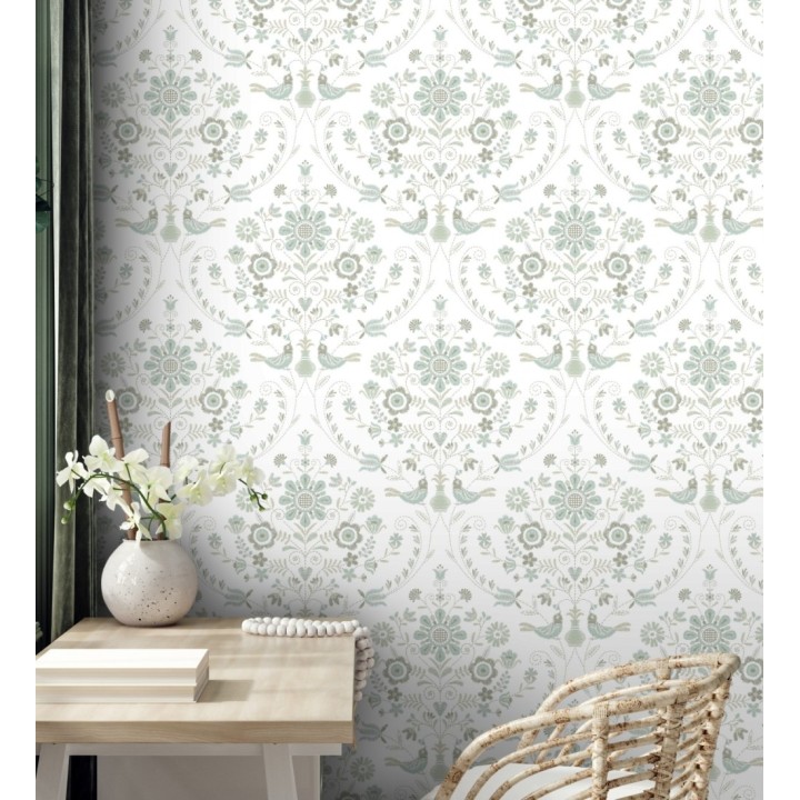 Papel pintado de pájaros y flores tonos pasteles verde agua - Lilith 682050