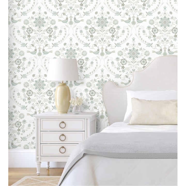 Papel pintado de pájaros y flores tonos pasteles verde agua - Lilith 682050