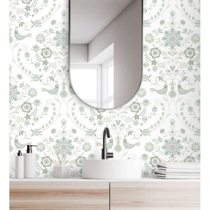 Papel pintado de pájaros y flores tonos pasteles verde agua - Lilith 682050