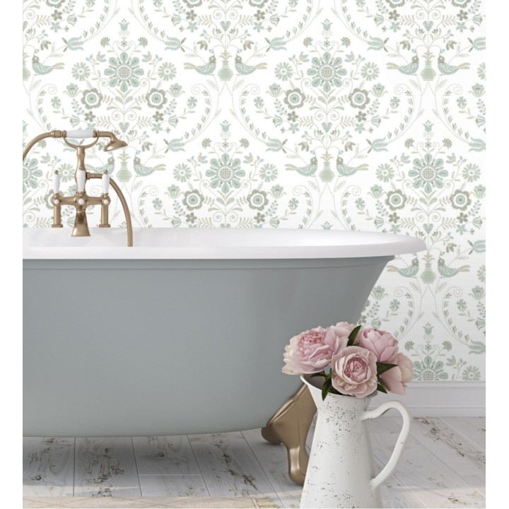 Papel pintado de pájaros y flores tonos pasteles verde agua - Lilith 682050