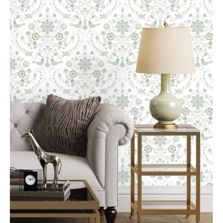 Papel pintado de pájaros y flores tonos pasteles verde agua - Lilith 682050