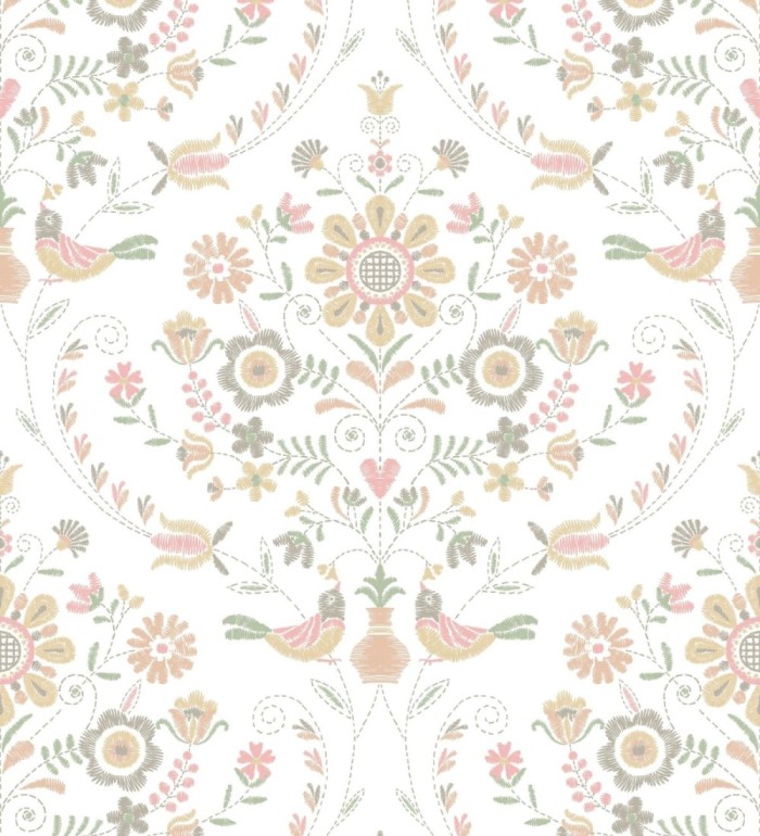 Papel pintado de pájaros y flores tonos pasteles rosa - Lilith 682051
