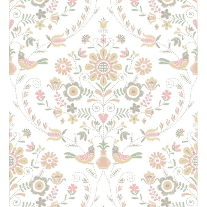 Papel pintado de pájaros y flores tonos pasteles rosa - Lilith 682051