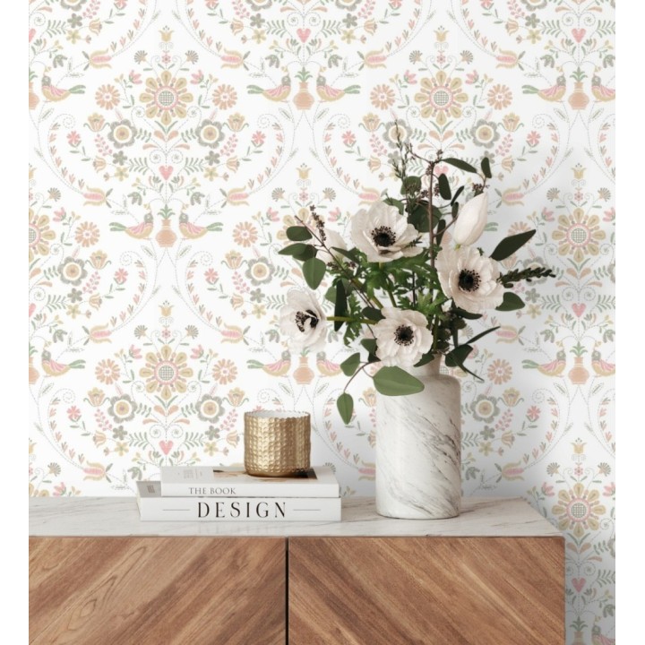 Papel pintado de pájaros y flores tonos pasteles rosa - Lilith 682051