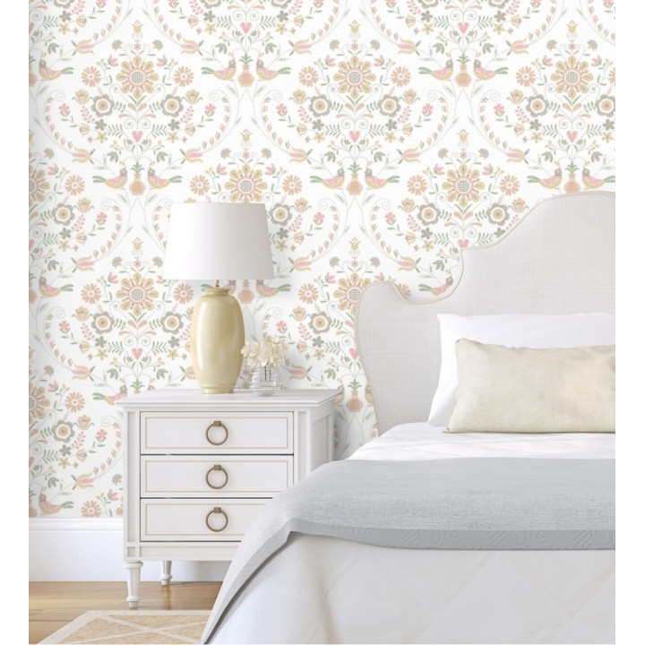 Papel pintado de pájaros y flores tonos pasteles rosa - Lilith 682051