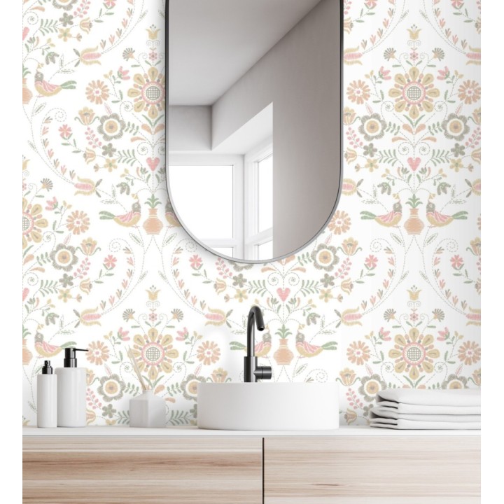 Papel pintado de pájaros y flores tonos pasteles rosa - Lilith 682051