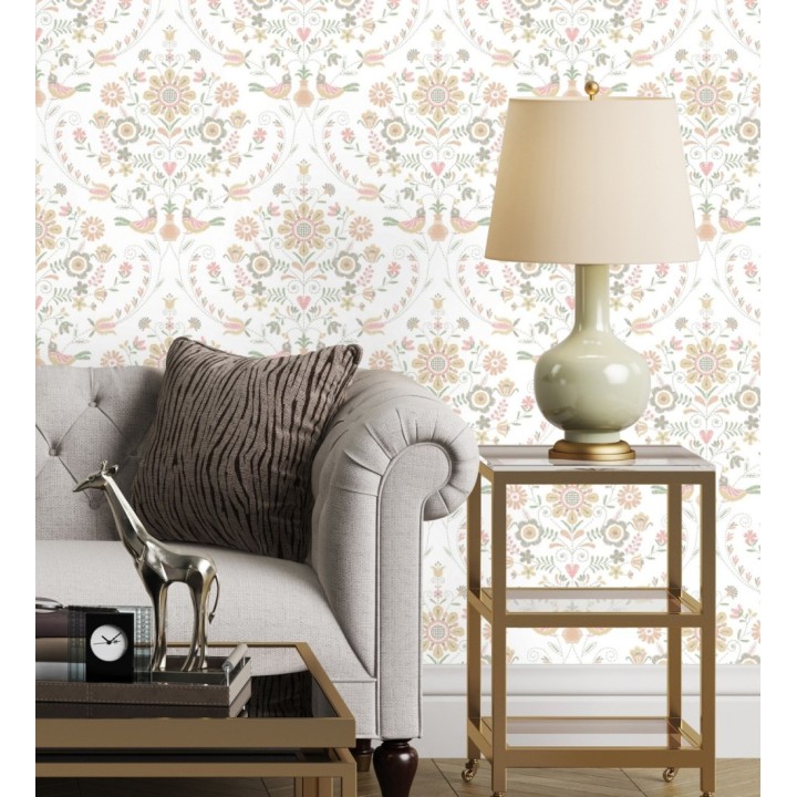 Papel pintado de pájaros y flores tonos pasteles rosa - Lilith 682051