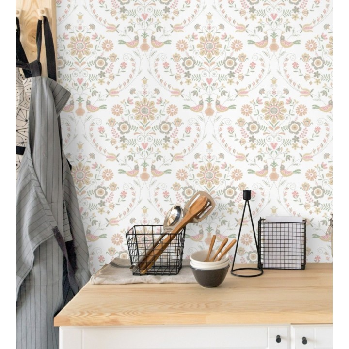 Papel pintado de pájaros y flores tonos pasteles rosa - Lilith 682051