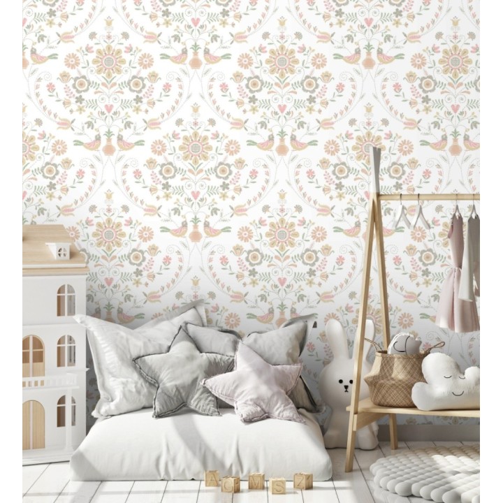 Papel pintado de pájaros y flores tonos pasteles rosa - Lilith 682051