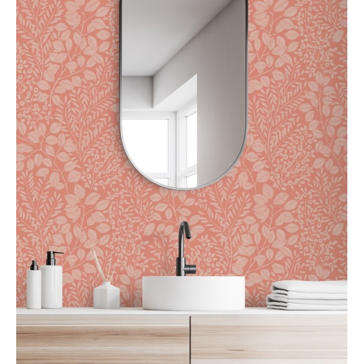 Papel pintado enredadera de hojas color rojo coral - Remy leaves 682053