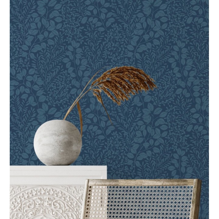 Papel pintado enredadera de hojas color azul - Remy leaves 682054