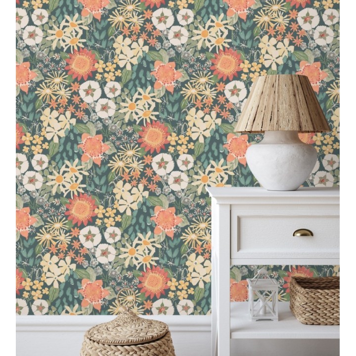 Papel pintado jardín de flores fondo azul tropical estilo botánico  - Masie Garden 682057