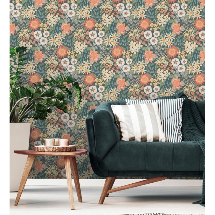 Papel pintado jardín de flores fondo azul tropical estilo botánico  - Masie Garden 682057