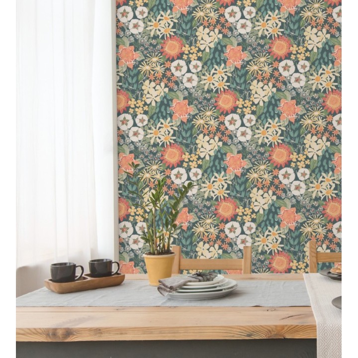 Papel pintado jardín de flores fondo azul tropical estilo botánico  - Masie Garden 682057