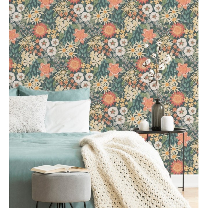 Papel pintado jardín de flores fondo azul tropical estilo botánico  - Masie Garden 682057