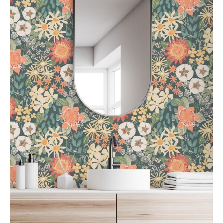 Papel pintado jardín de flores fondo azul tropical estilo botánico  - Masie Garden 682057