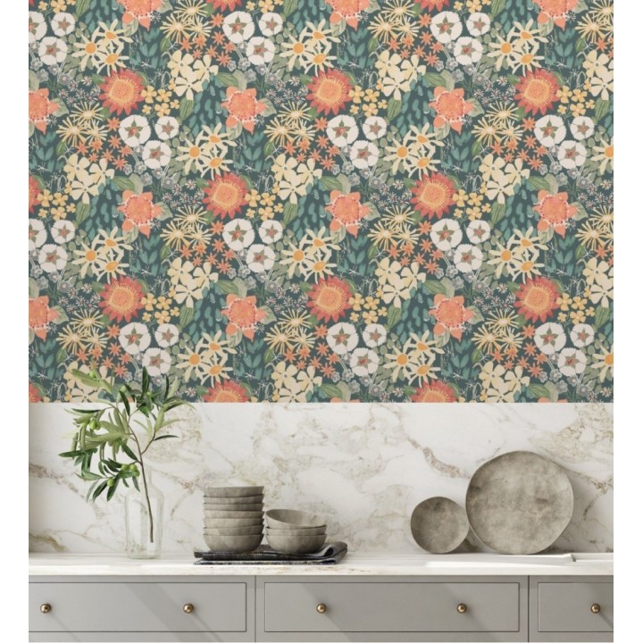 Papel pintado jardín de flores fondo azul tropical estilo botánico  - Masie Garden 682057