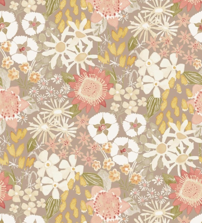 Papel pintado jardín de flores fondo color topo estilo botánico  - Masie Garden 682058