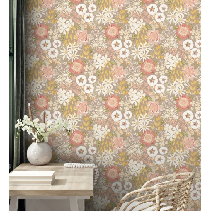 Papel pintado jardín de flores fondo color topo estilo botánico  - Masie Garden 682058