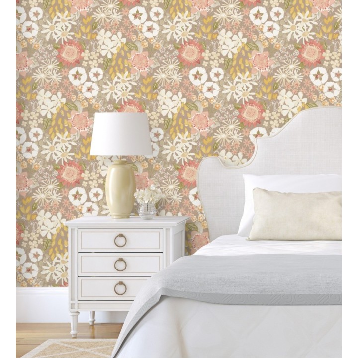 Papel pintado jardín de flores fondo color topo estilo botánico  - Masie Garden 682058