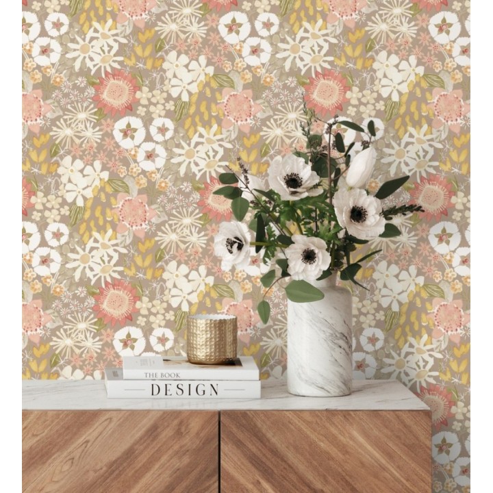 Papel pintado jardín de flores fondo color topo estilo botánico  - Masie Garden 682058