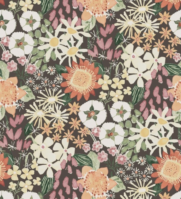 Papel pintado jardín de flores fondo marrón oscuro estilo botánico  - Masie Garden 682059