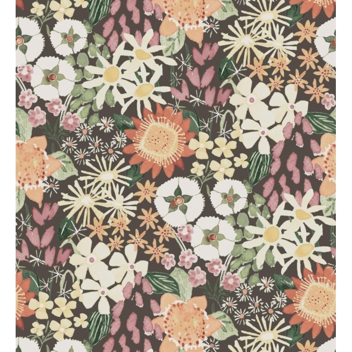 Papel pintado jardín de flores fondo marrón oscuro estilo botánico  - Masie Garden 682059