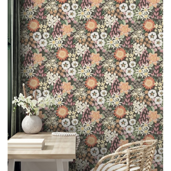 Papel pintado jardín de flores fondo marrón oscuro estilo botánico  - Masie Garden 682059