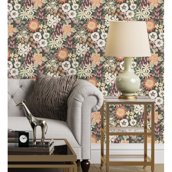 Papel pintado jardín de flores fondo marrón oscuro estilo botánico  - Masie Garden 682059
