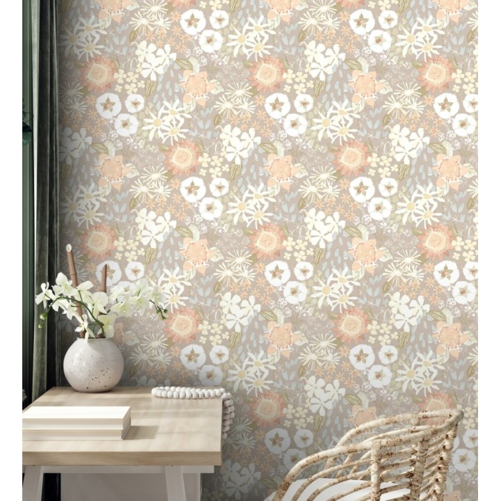 Papel pintado jardín de flores fondo gris calido estilo botánico  - Masie Garden 682060