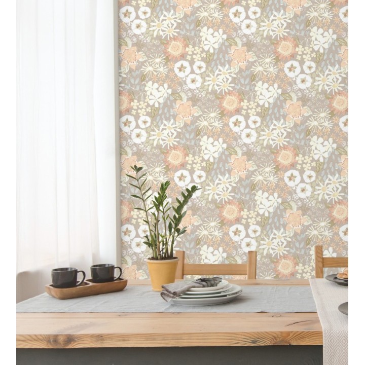 Papel pintado jardín de flores fondo gris calido estilo botánico  - Masie Garden 682060