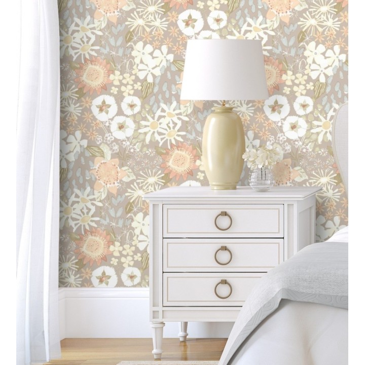 Papel pintado jardín de flores fondo gris calido estilo botánico  - Masie Garden 682060
