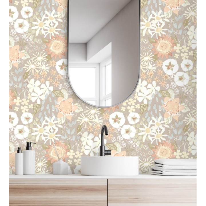 Papel pintado jardín de flores fondo gris calido estilo botánico  - Masie Garden 682060