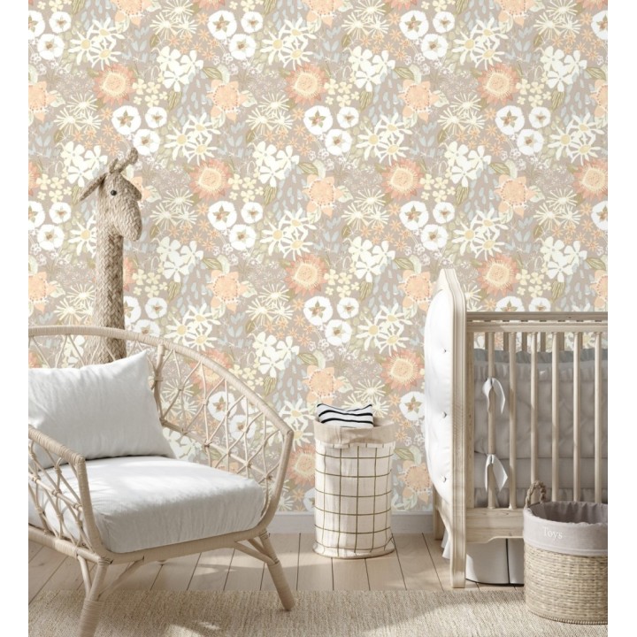 Papel pintado jardín de flores fondo gris calido estilo botánico  - Masie Garden 682060