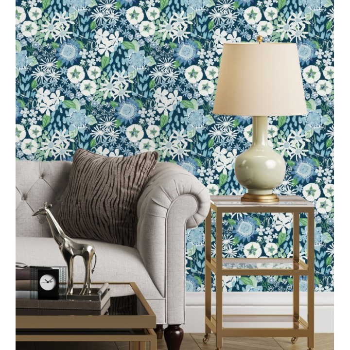 Papel pintado jardín de flores fondo azul estilo botánico  - Masie Garden 682061